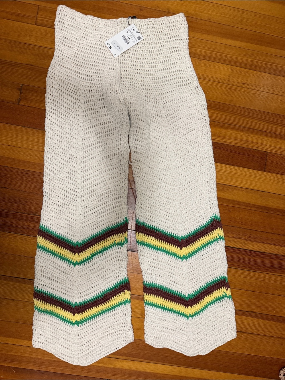 Zara Cream Crochet beach pant with Green, Yellow & Brown Stripes